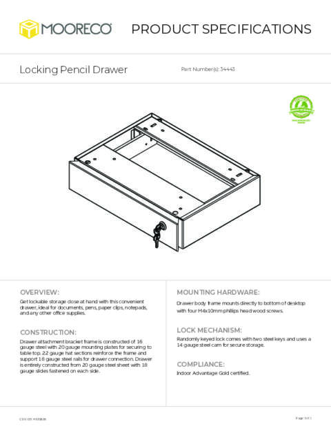 Locking Pencil Drawer Spec Sheet