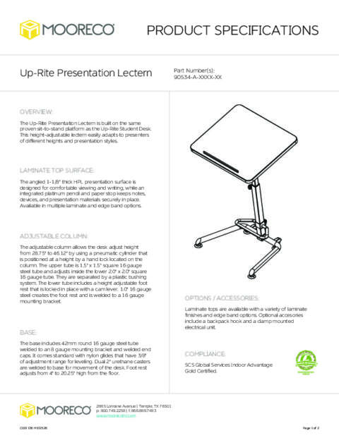 Up-Rite Presentation Lectern Spec Sheet